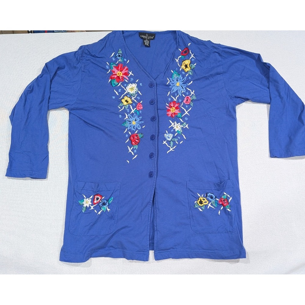 Carole Little Sport Cardigan Womens XL Blue Excellent Floral Embroidered Cotton